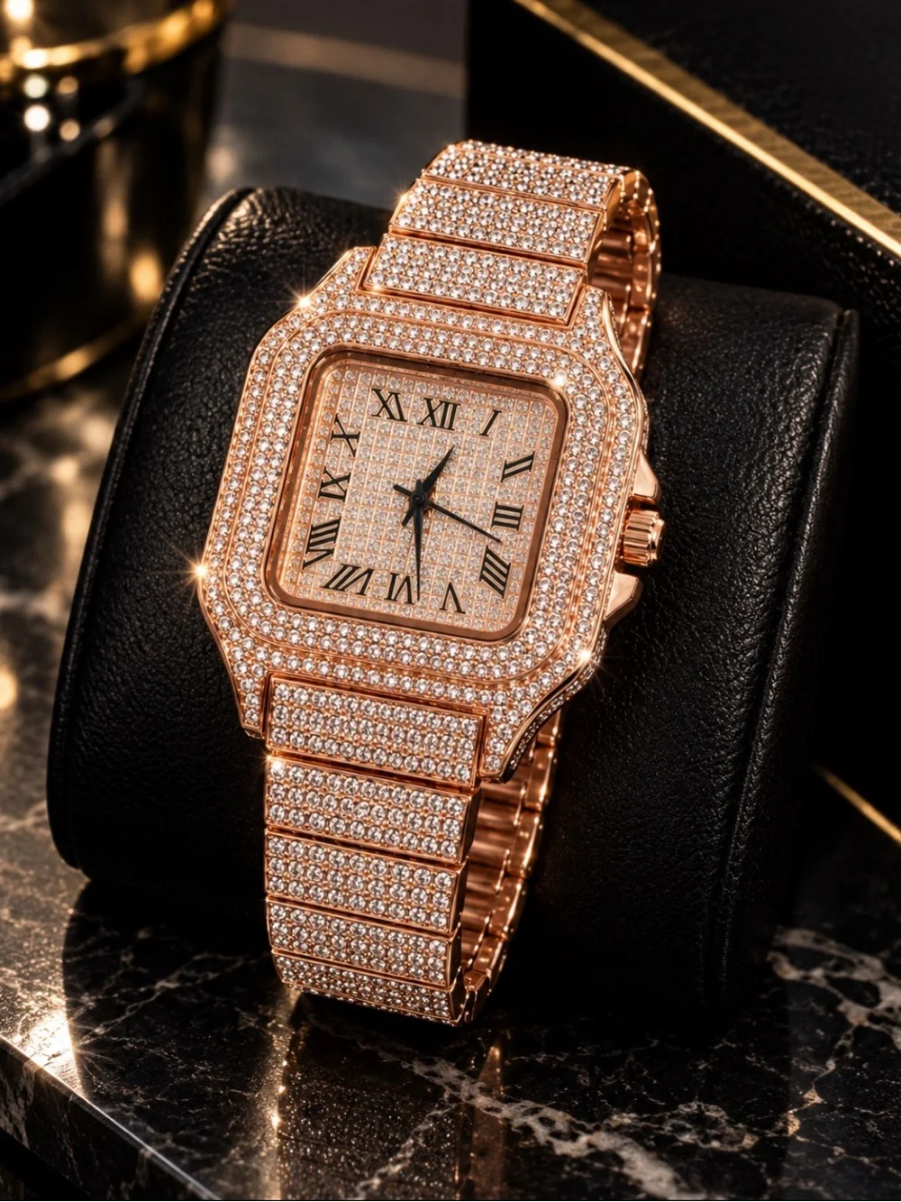 Rose Gold Iced Out Watch Simulated Diamond Bust Down Roman Numeral Hip Hop Bling